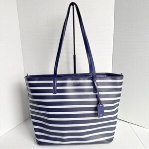 Kate Spade New York Navy Blue Striped Leather Tote Bag